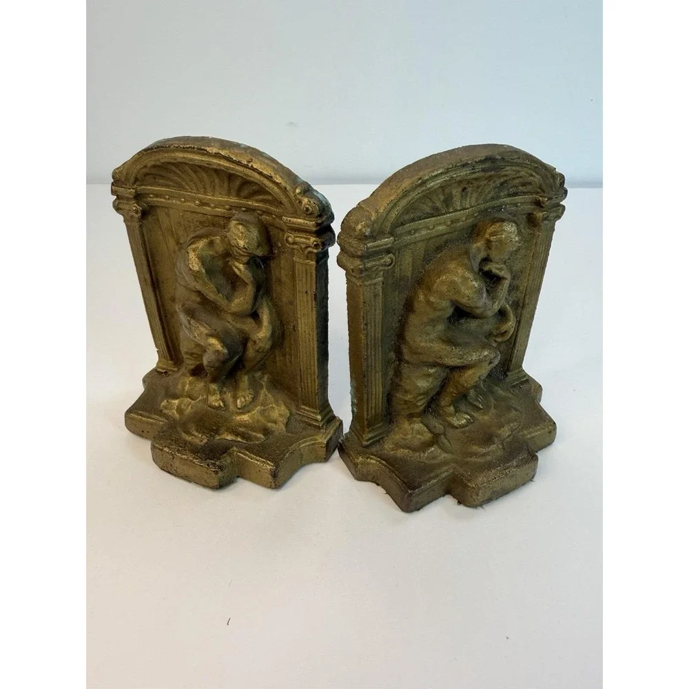 The Thinker Bookends Book Pair Metal Heavy Brass  Tone Vintage Home Decor